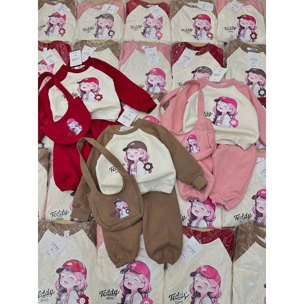 B43 - Bộ quần áo cho bé gái chất nỉ 2 da hình cô gái cho bé diện thu đông từ 8- 30kg