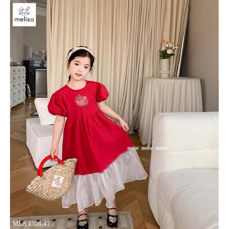 Váy Melisa đỏ chân trắng thêu hoa
