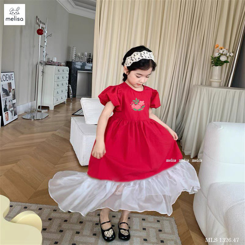 Váy Melisa đỏ chân trắng thêu hoa