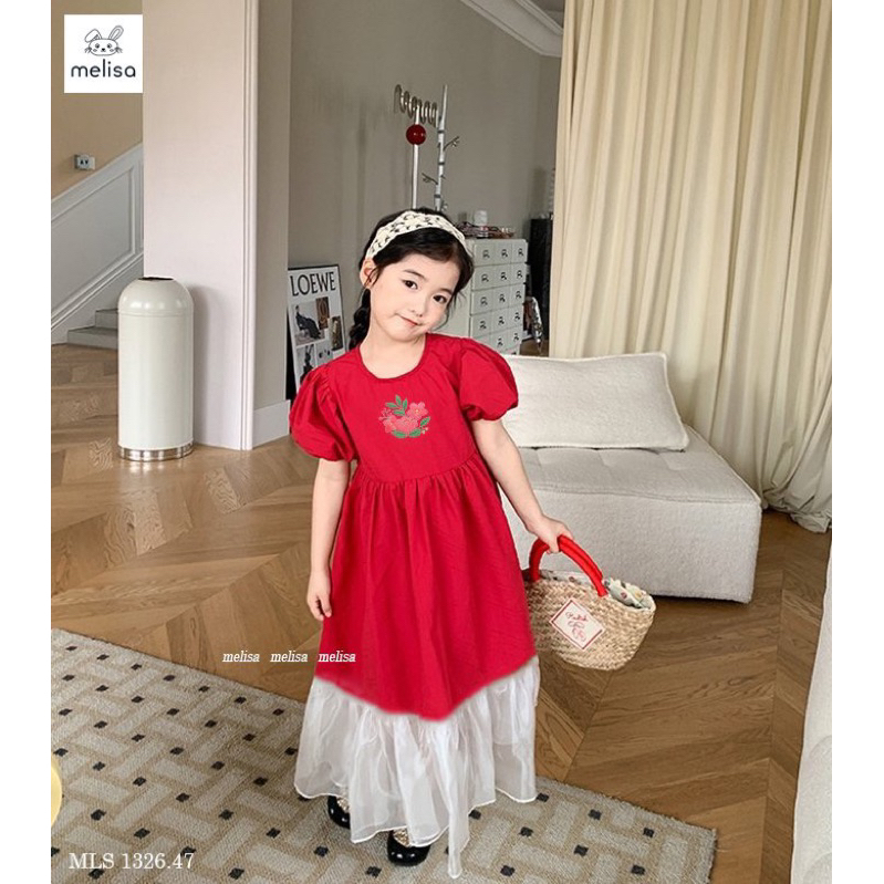Váy Melisa đỏ chân trắng thêu hoa