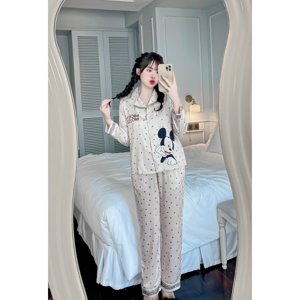 Set lụa Luxury SAM cao cấp,  kiểu dáng áo dài quần dài, họa tiết hình mickey dễ thương tinh tế, chất mềm thoáng mát