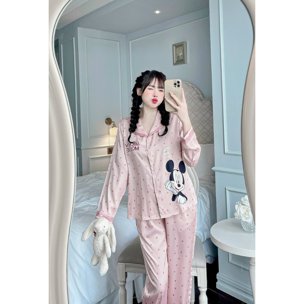 Set lụa Luxury SAM cao cấp,  kiểu dáng áo dài quần dài, họa tiết hình mickey dễ thương tinh tế, chất mềm thoáng mát