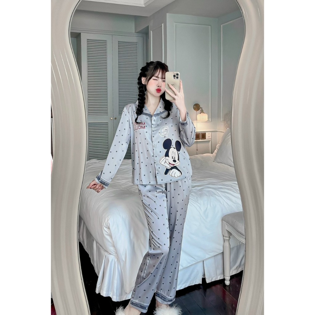 Set lụa Luxury SAM cao cấp,  kiểu dáng áo dài quần dài, họa tiết hình mickey dễ thương tinh tế, chất mềm thoáng mát