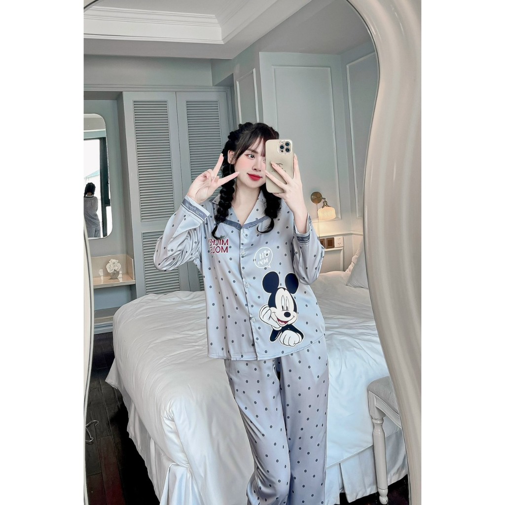 Set lụa Luxury SAM cao cấp,  kiểu dáng áo dài quần dài, họa tiết hình mickey dễ thương tinh tế, chất mềm thoáng mát