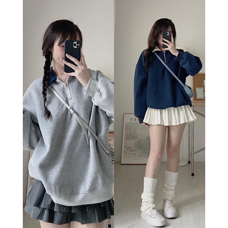 Áo Nỉ dáng rộng khoá cổ phối màu xinh