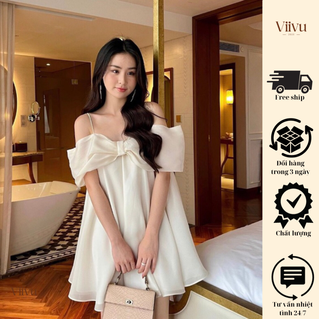 Váy nữ hai dây Hàn Quốc, Váy nữ kiểu công chúa trễ vai có nơ ngực xinh xắn freesize từ 40kg đến 55kg