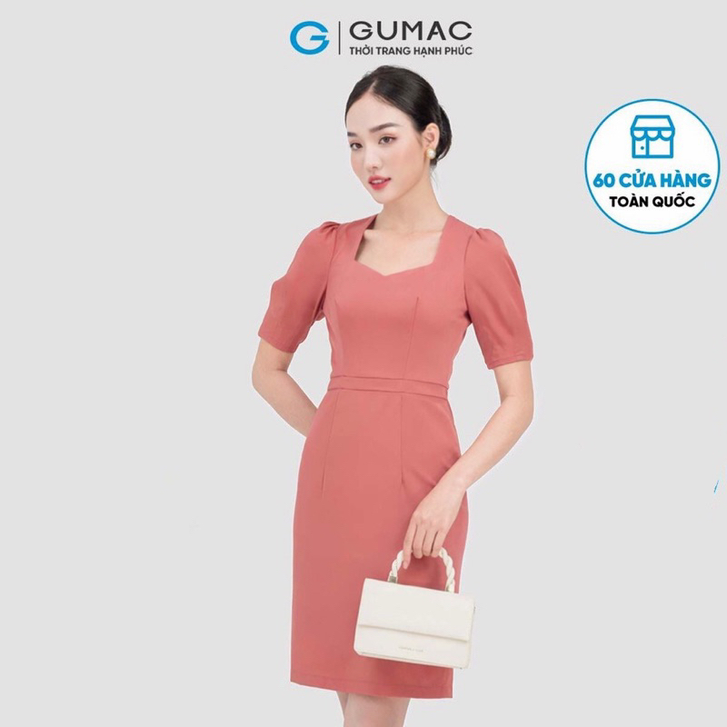 Đầm nữ thời trang GUMAC màu hồng dáng chữ A cổ V