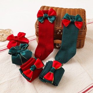 Set 2 đôi tất vớ noel cổ cao đính nơ siêu xinh cho bé sơ sinh và trẻ em nhỏ
