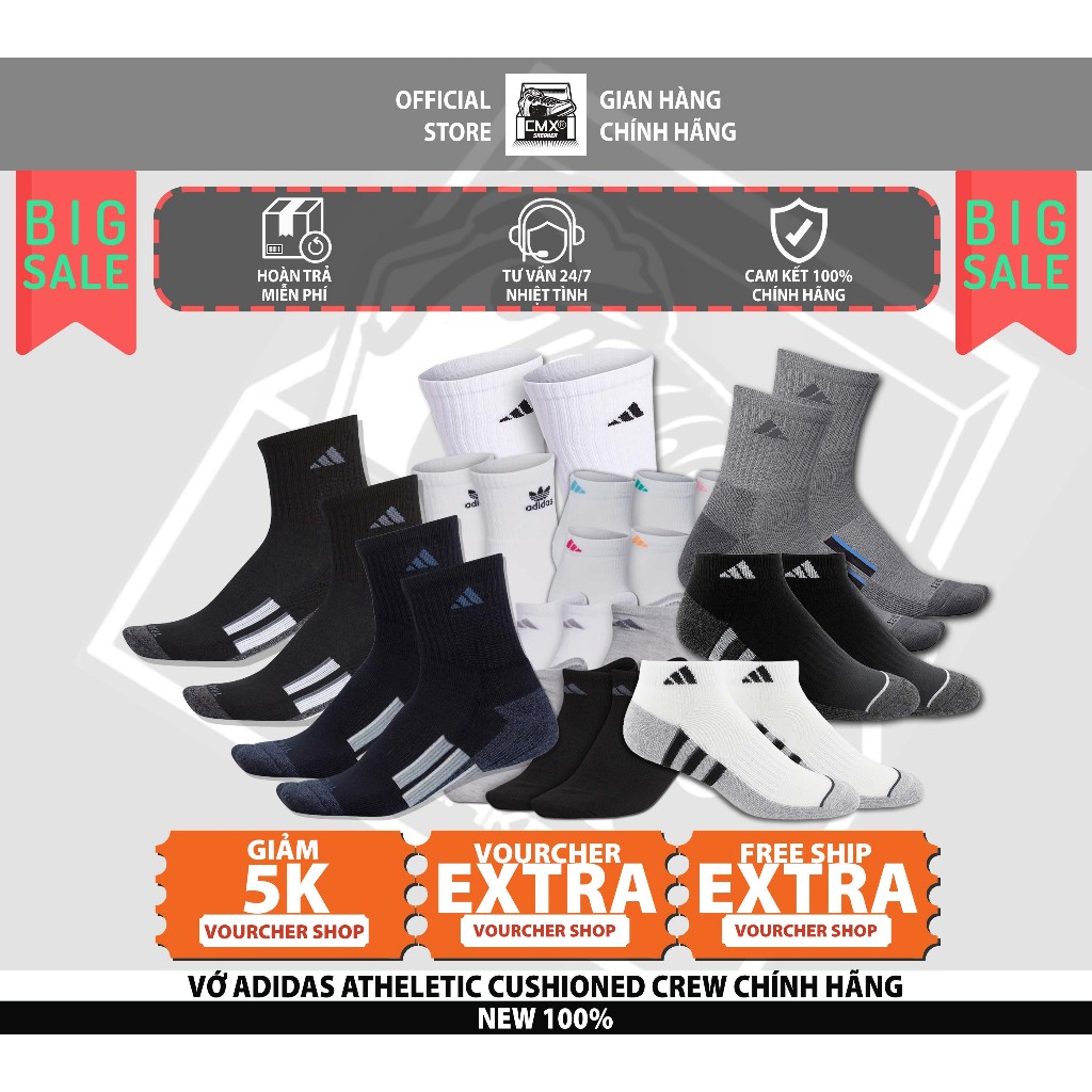 😘  Vớ 𝘼𝒅𝙞𝒅𝙖𝒔 Athletic Cushioned Crew White/Trắng/Black/Đen  REAL AUTHENTIC 100%