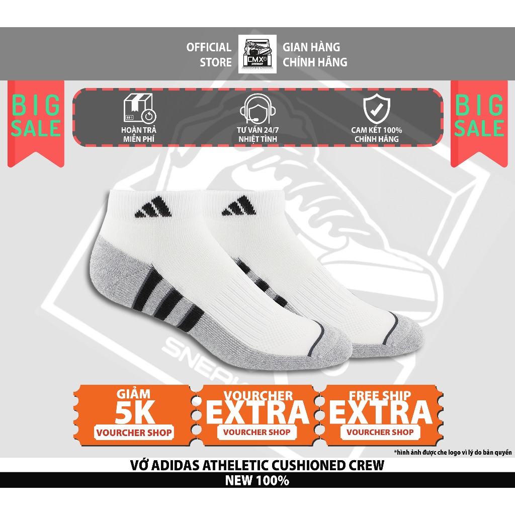😘  Vớ 𝘼𝒅𝙞𝒅𝙖𝒔 Athletic Cushioned Crew White/Trắng/Black/Đen  REAL AUTHENTIC 100%