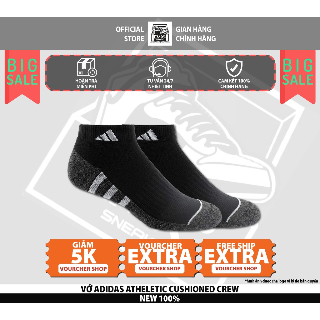 😘  Vớ 𝘼𝒅𝙞𝒅𝙖𝒔 Athletic Cushioned Crew White/Trắng/Black/Đen  REAL AUTHENTIC 100%