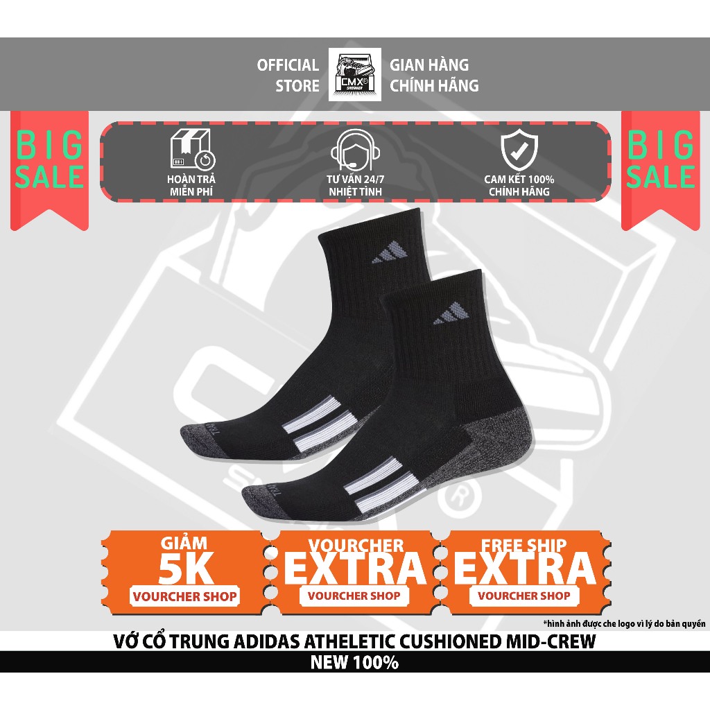 😘  Vớ 𝘼𝒅𝙞𝒅𝙖𝒔 Athletic Cushioned Crew White/Trắng/Black/Đen  REAL AUTHENTIC 100%