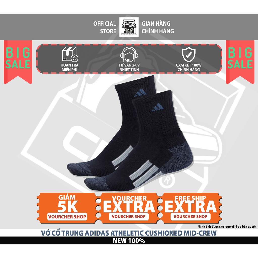 😘  Vớ 𝘼𝒅𝙞𝒅𝙖𝒔 Athletic Cushioned Crew White/Trắng/Black/Đen  REAL AUTHENTIC 100%