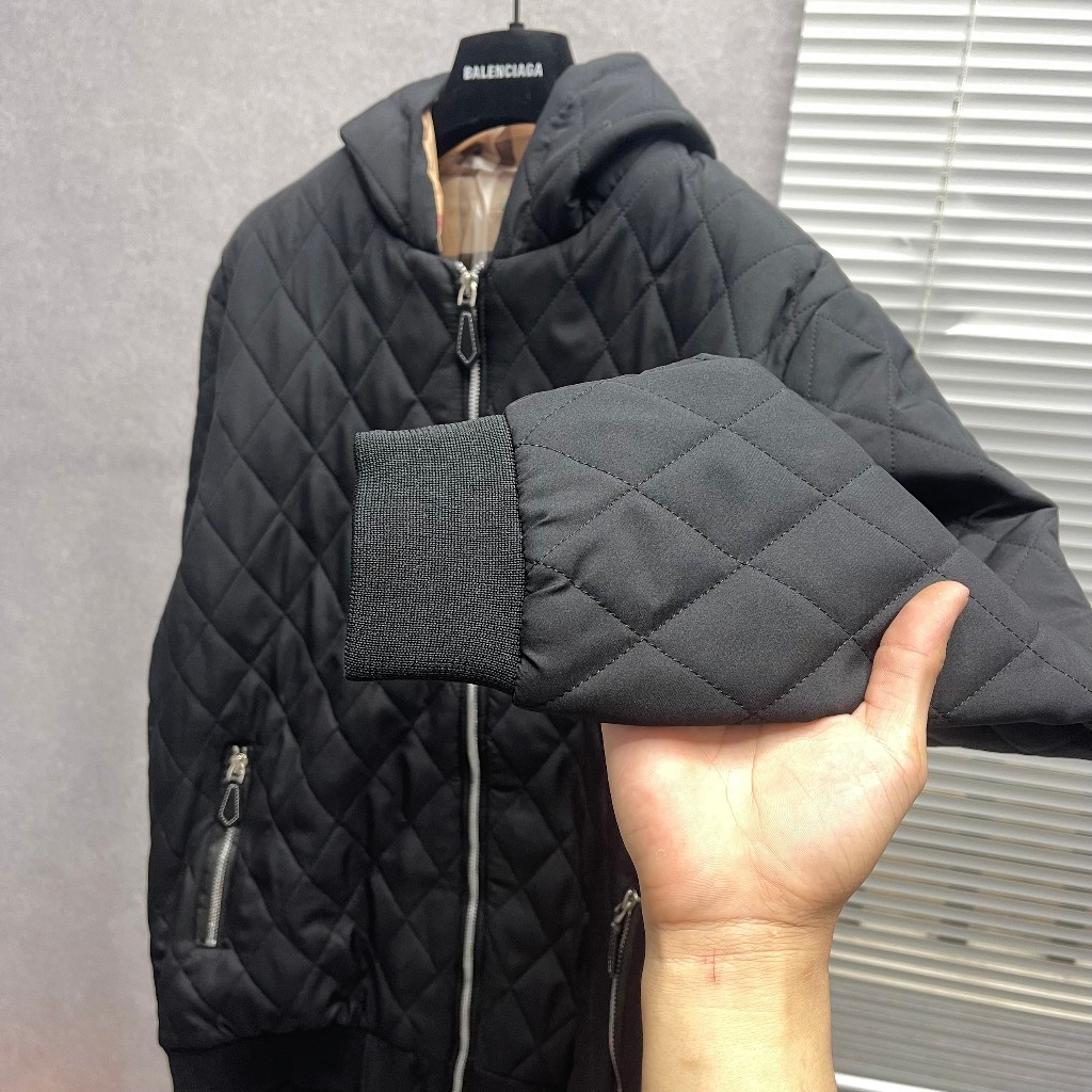 Áo khoác phao nam BBR mũ trùm dệt sọc quả trám túi zip logo lót gió kẻ sọc caro be 3 lớp dày dặn AK109P