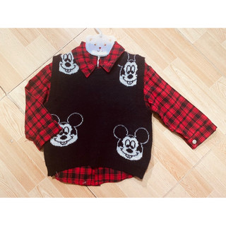 Set áo sơ mi caro phối ghile len mickey cho bé