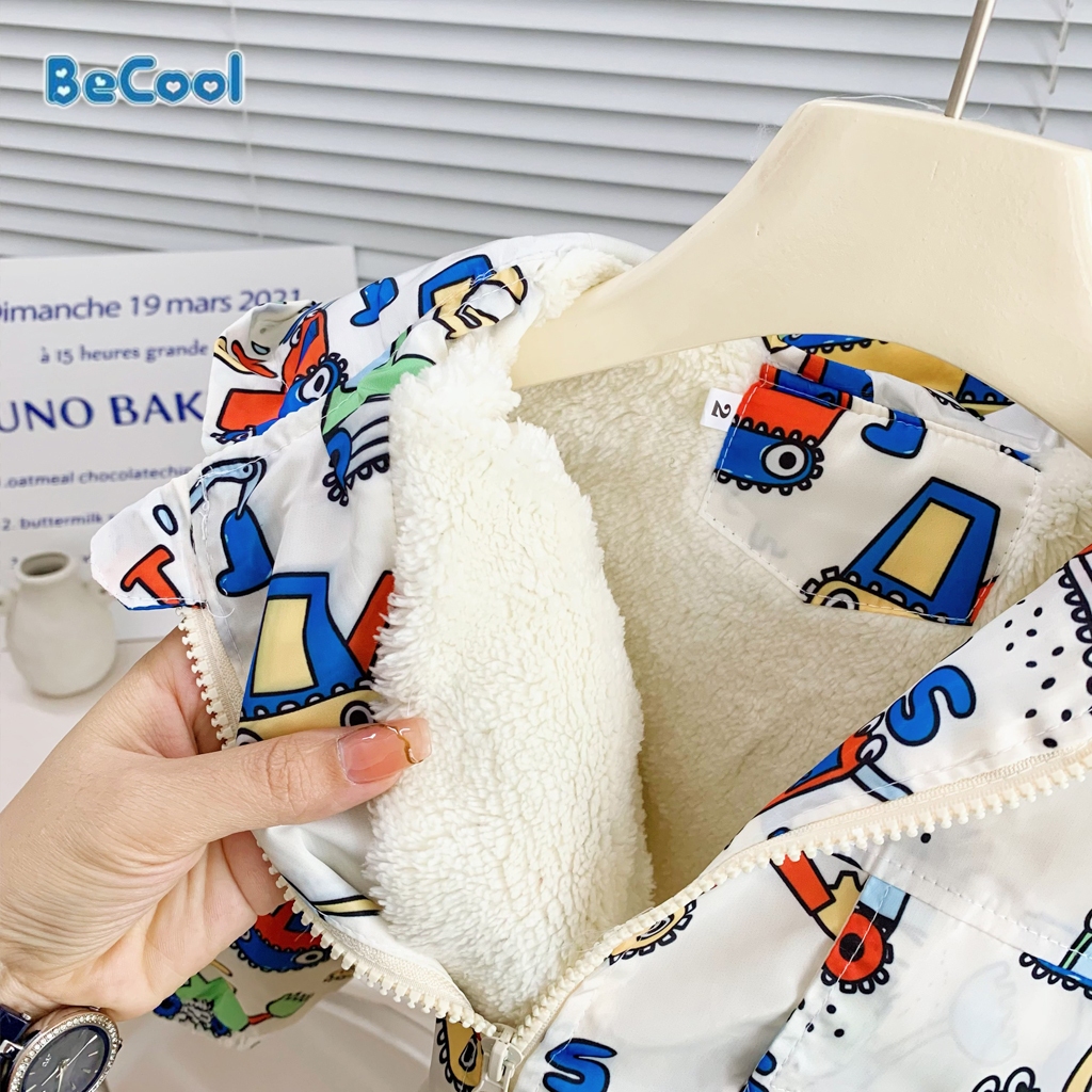 Áo Khoác Gió Lót Lông In Hình Máy Múc Cho Bé Trai và Bé Gái Từ 10 đến 27kg - LEON KIDS