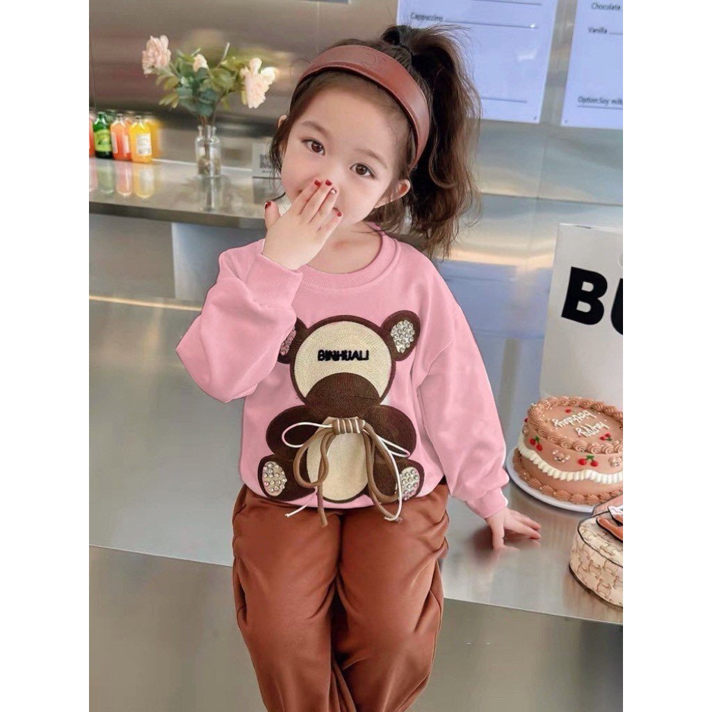 Bộ Quần Áo Dài Tay Thu Đông Nỉ Da Cá Thêu Gấu Chất Liệu QC Cao Cấp Cho Trẻ Em Bé Trai Bé Gái CAFE_BABY088