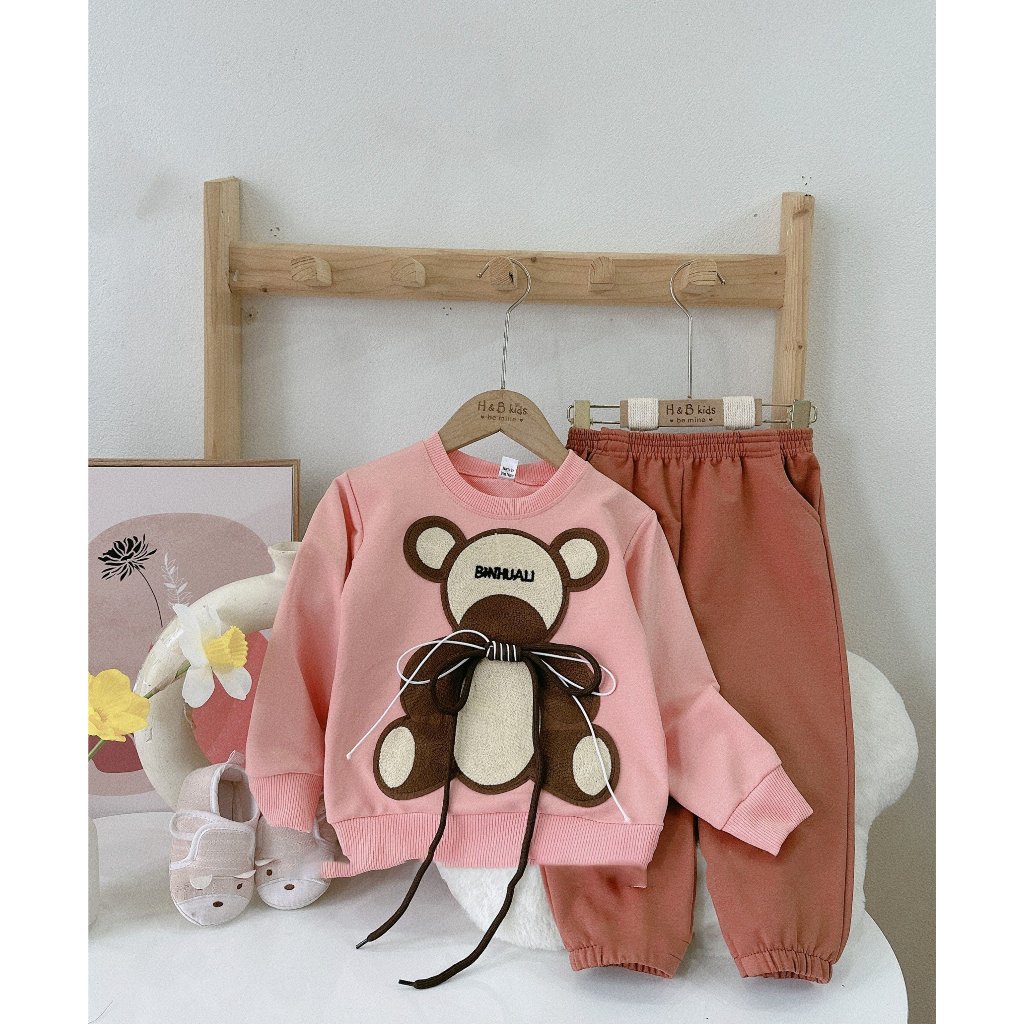 Bộ Quần Áo Dài Tay Thu Đông Nỉ Da Cá Thêu Gấu Chất Liệu QC Cao Cấp Cho Trẻ Em Bé Trai Bé Gái CAFE_BABY088