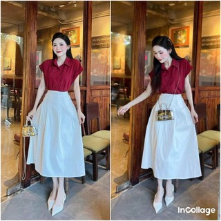 Sét áo sơ mi tay ngắn mix chân váy kaki xòe xếp ly kiểu dáng sang chảnh