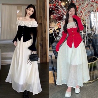 Sét áo phối bèo trễ vai tay dài ống loe kèm chân váy voan tơ dễ thương (váy có lót)