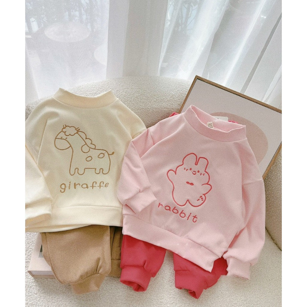 Bộ Quần Áo Dài Tay Thu Đông Nỉ Da Cá Thêu Gấu Chất Liệu QC Cao Cấp Cho Trẻ Em Bé Trai Bé Gái CAFE_BABY088