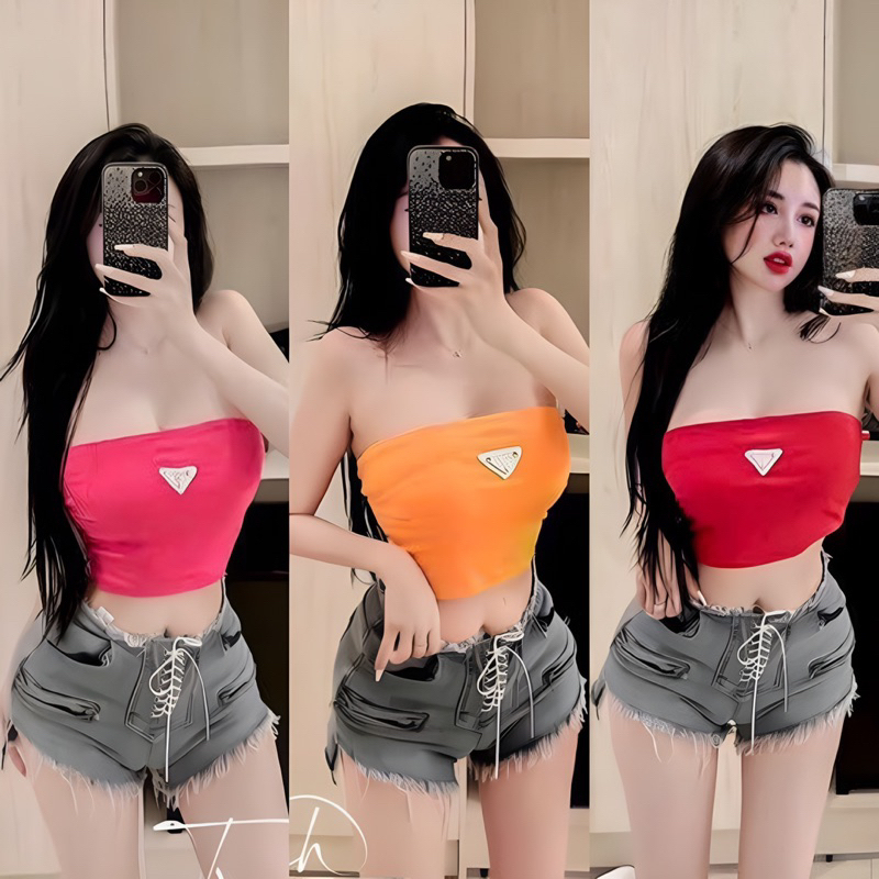 Áo ống croptop đính logo siêu xinh, áo quây nữ mùa hè
