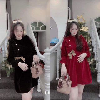 Váy bầu nhưng lì 3 cúc gắn nơ siêu xinh mặc Noel,Tết cao 1m6 mặc qua đầu gối