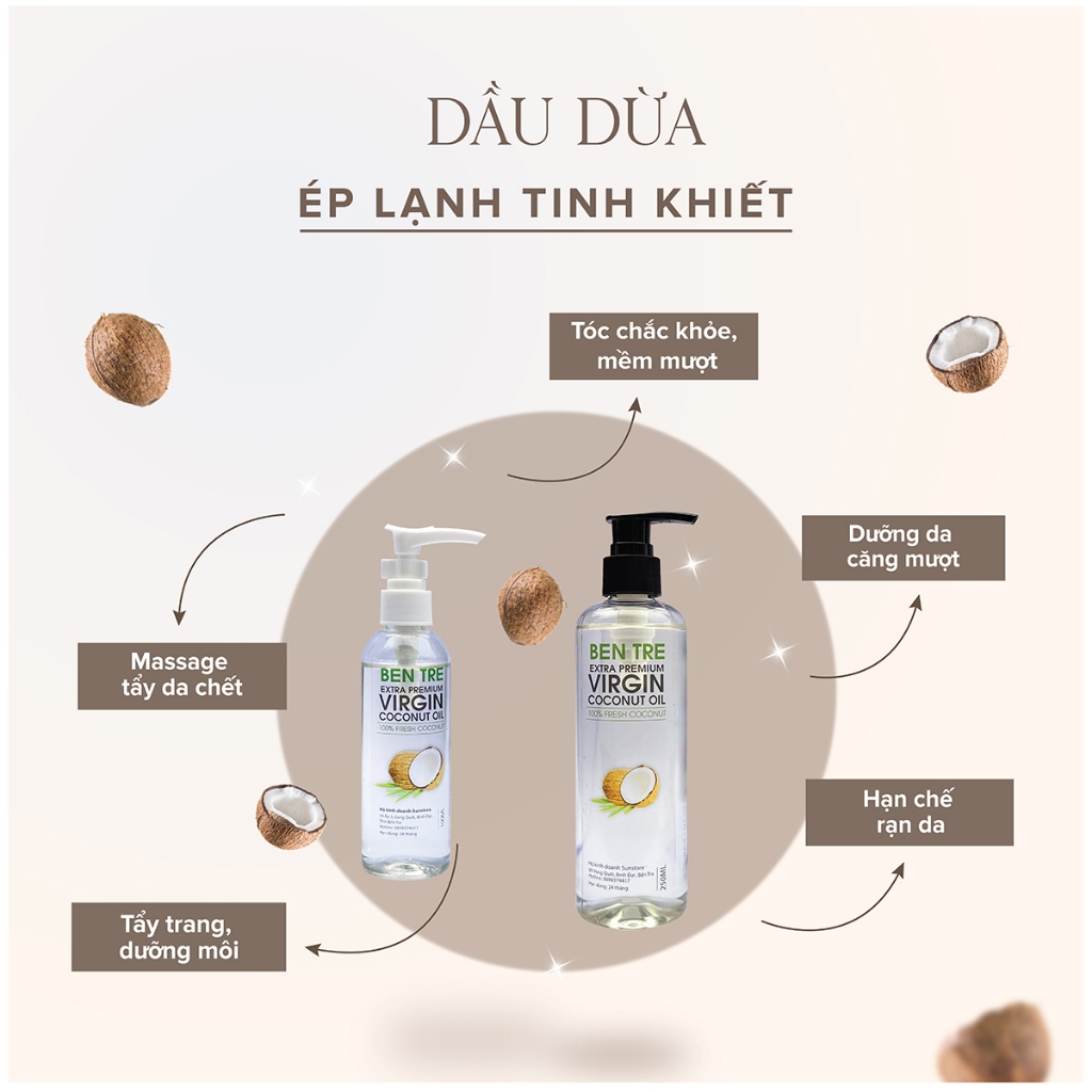 Dầu dừa nguyên chất ép lạnh Bến Tre giúp dưỡng da, tóc, làm dài và dày mi, chống khô môi & massage cho bé rạn da cho mẹ