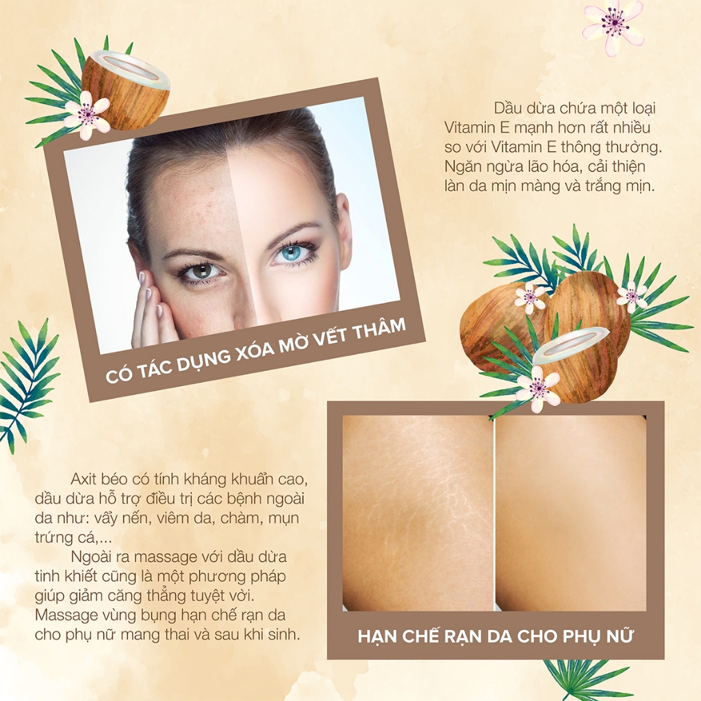 Dầu dừa nguyên chất ép lạnh Bến Tre giúp dưỡng da, tóc, làm dài và dày mi, chống khô môi & massage cho bé rạn da cho mẹ