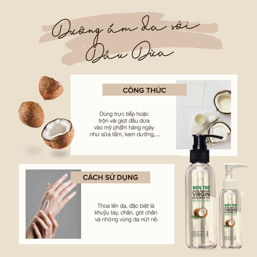 Dầu dừa nguyên chất ép lạnh Bến Tre giúp dưỡng da, tóc, làm dài và dày mi, chống khô môi & massage cho bé rạn da cho mẹ