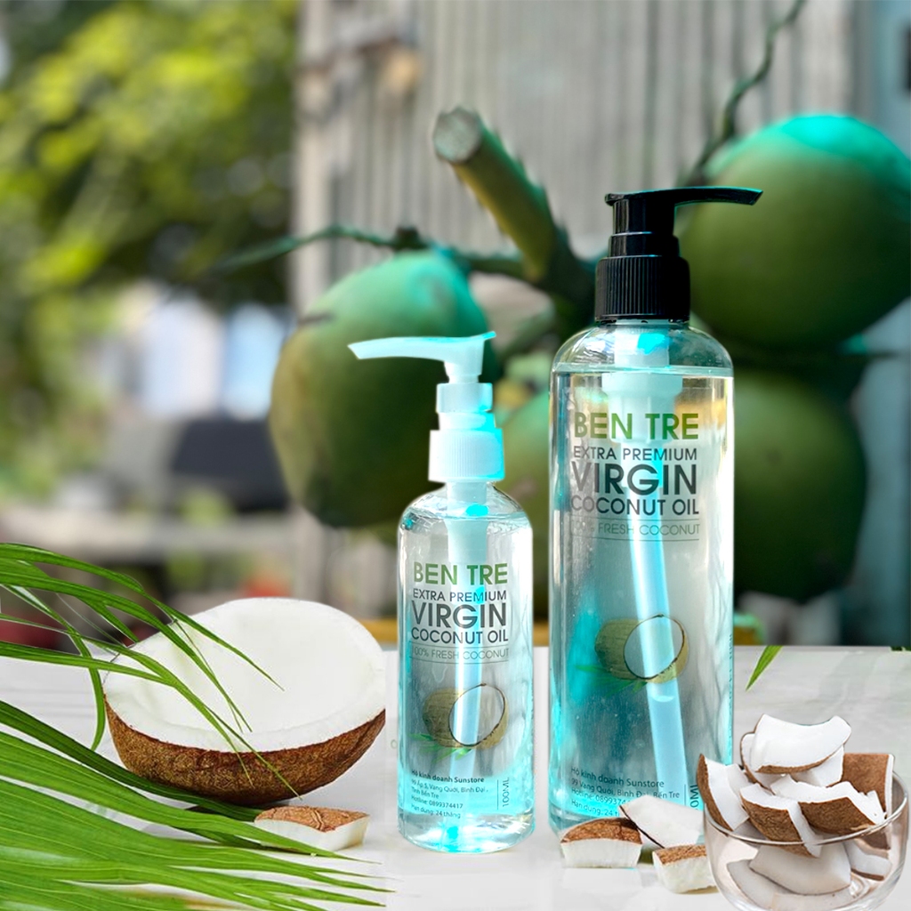 Dầu dừa nguyên chất ép lạnh Bến Tre giúp dưỡng da, tóc, làm dài và dày mi, chống khô môi & massage cho bé rạn da cho mẹ