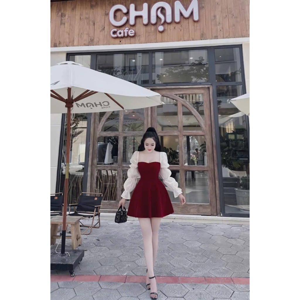 Đầm xòe chữ A tay voan dài cúp ngực chất liệu nhung dày dặn phối voan tơ cá tính kiểu đầm dự tiệc trẻ trung DH9