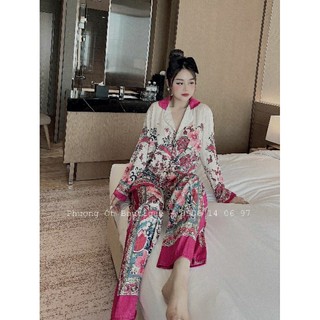 [LỤA XƯỚC] Đồ Bộ Pijama Hoa Đỏ Thiết Kế