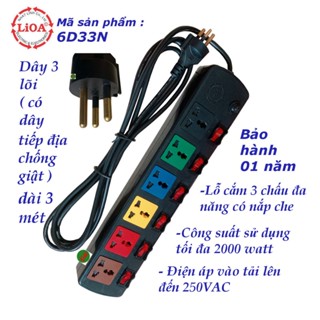 Ổ cắm điện LIOA 6 lỗ 6 công tắc riêng có dây tiếp đất 6DOF33N công suất 2000 watt dây dài 3 mét