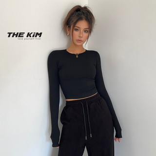Áo croptop dài tay cổ tròn THE KIM , thun tăm trơn basic cho nữ ôm sát body AD119