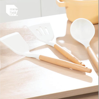 Bộ dụng cụ nấu ăn Tidybox 3 món, bộ muỗng Silicone chịu nhiệt tay cầm gỗ, silicone chịu nhiệt cao cấp
