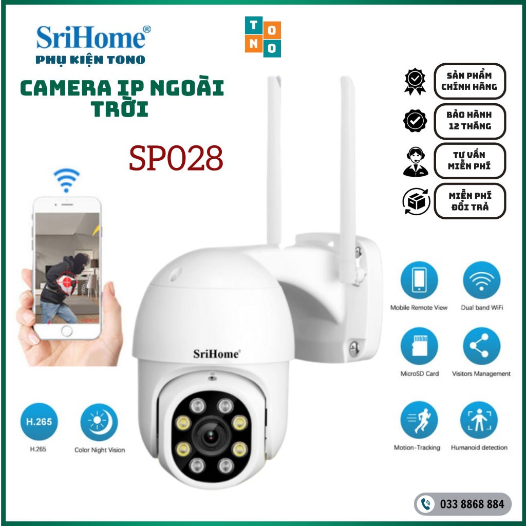 Camera IP ngoài trời SriHome SP028 FullHD 1080P 2.0Mp chống nước chống bụi tích hợp LED quay màu ban đêm | Chính Hãng