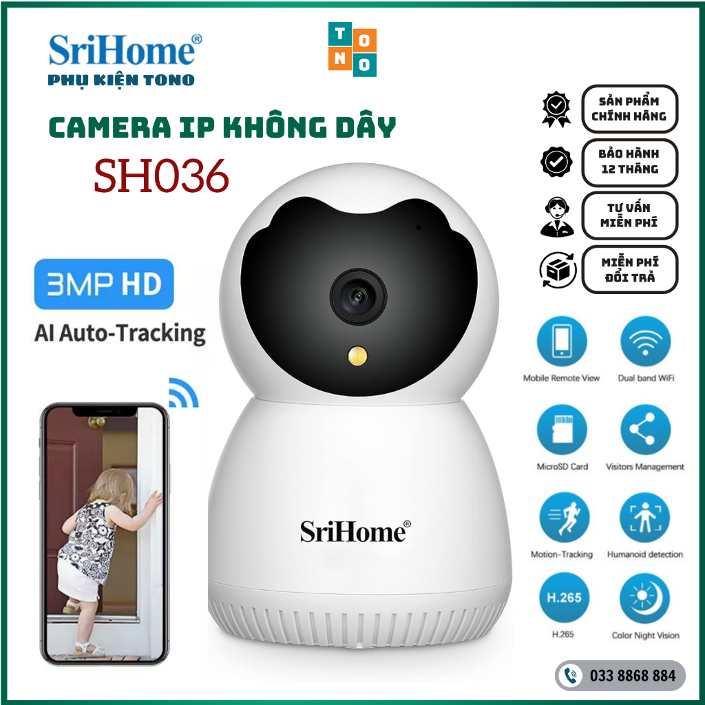 Camera IP không dây SriHome trong nhà SH036 3.0Mpx Ultra HD | HÀNG CHÍNH HÃNG | BẢO HÀNH 12 THÁNG | PHỤ KIỆN TONO