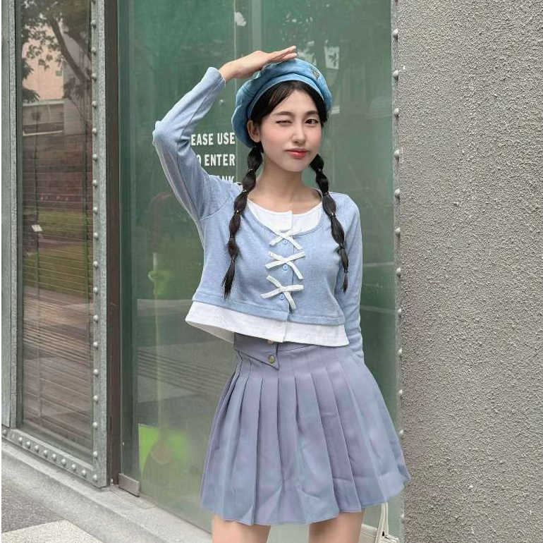 Áo thun nữ VMSTYLE croptop form ôm tay dài lót kiểu đính nơ giữa dễ thương, tiểu thư đi học, đi chơi SD13 - ATU00652