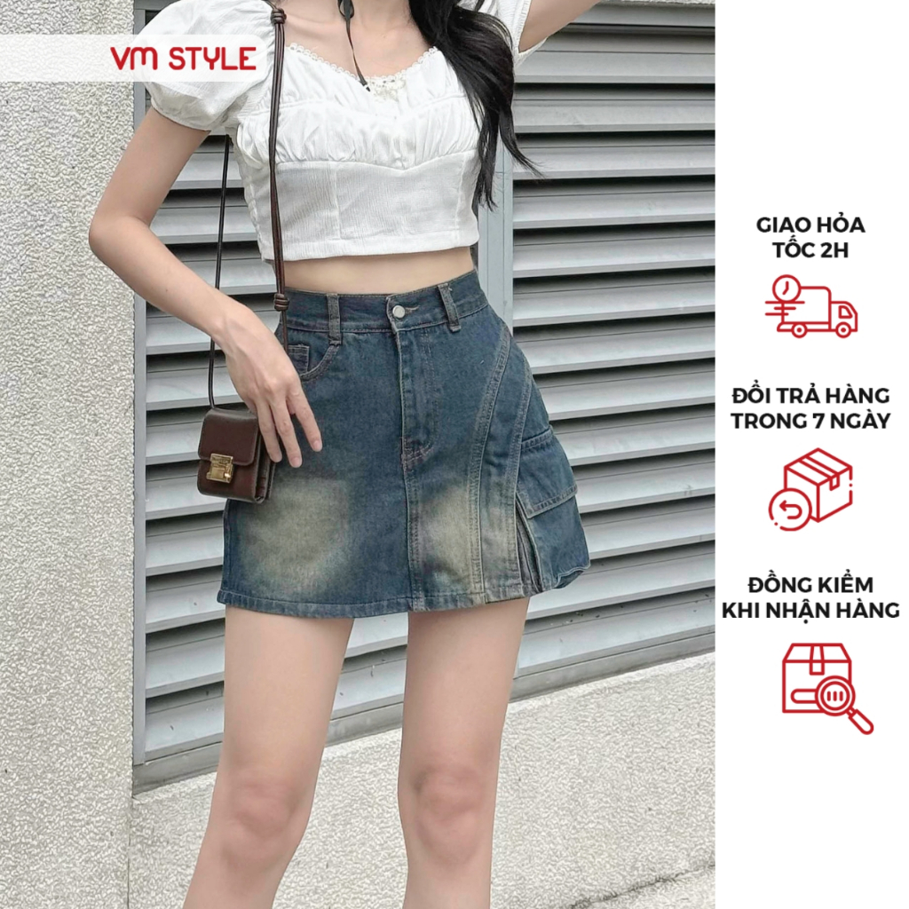 Chân váy jean denim nữ VMSTYLE dáng ngắn cạp cao lai khoét túi hộp bên kiểu basic, cá tính đi chơi, dạo phố 29- CVJ00070