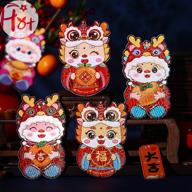 Combo  Bao Lì Xì Đỏ May Mắn , Lì xì Họa Tiết Rồng Năm Mới 2024 chibi siêu cute Phong cách Trung Hoa