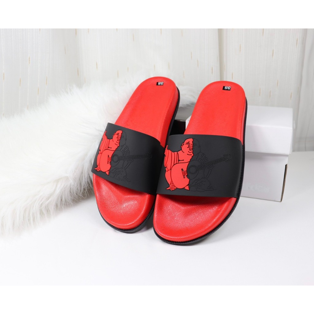 Dép da nam ông địa quai ngang dập logo true đỏ  có video review