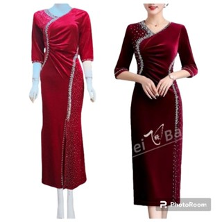  Sườn xám cách tân trung niên đi tiệc vải nhung xẻ tà ép cườm cao cấp Đầm dạ hội sườn xám nhung xẻ tà đi tiệc sang trọng 