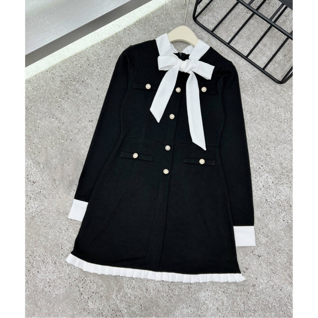 Váy Nỉ Tăm  Cúc Ngọc Phối Cổ Nơ Viền Bèo Cách Điệu, Váy Thu Đông Sang Chảnh