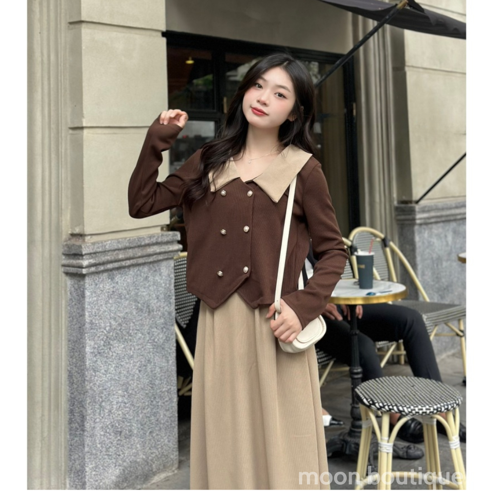 Set Áo Thun Tăm Cổ Sơ Mi Phối  2 Hàng Cúc Ngọc+ Chân Váy Dáng Dài , Set Đồ Tiểu Thư Sang Chảnh