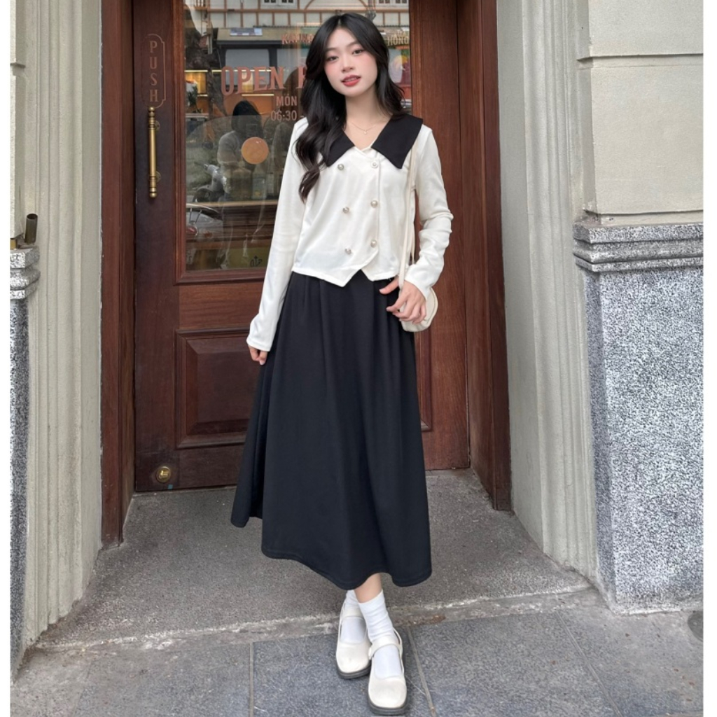 Set Áo Thun Tăm Cổ Sơ Mi Phối  2 Hàng Cúc Ngọc+ Chân Váy Dáng Dài , Set Đồ Tiểu Thư Sang Chảnh