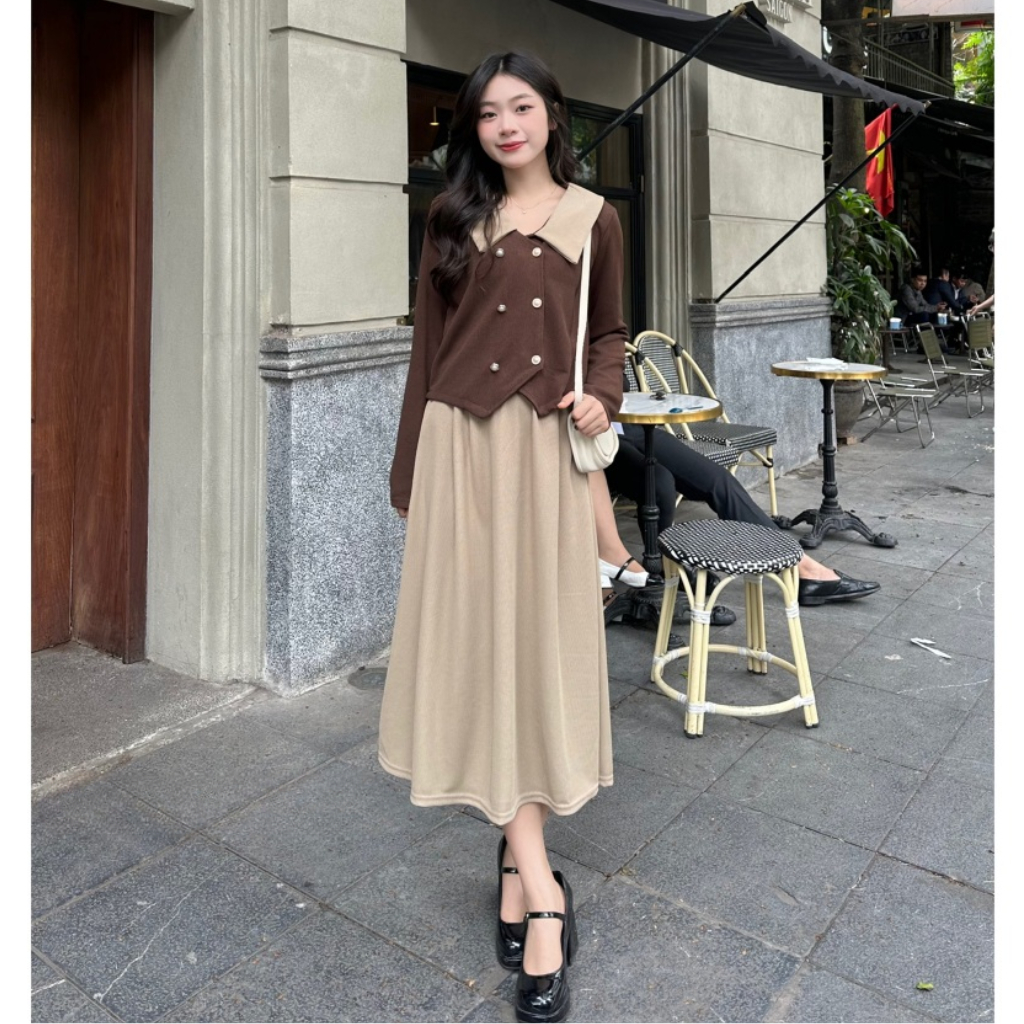Set Áo Thun Tăm Cổ Sơ Mi Phối  2 Hàng Cúc Ngọc+ Chân Váy Dáng Dài , Set Đồ Tiểu Thư Sang Chảnh