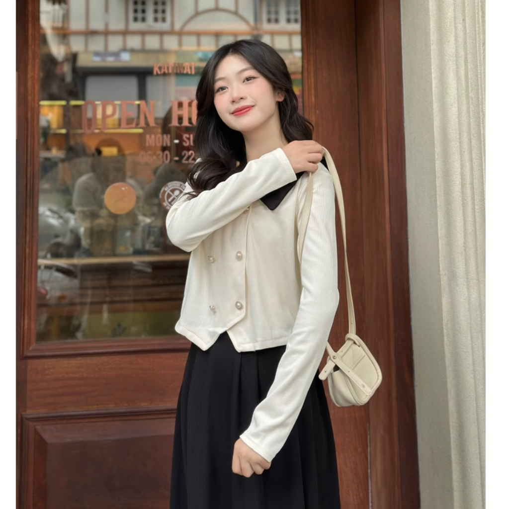 Set Áo Thun Tăm Cổ Sơ Mi Phối  2 Hàng Cúc Ngọc+ Chân Váy Dáng Dài , Set Đồ Tiểu Thư Sang Chảnh