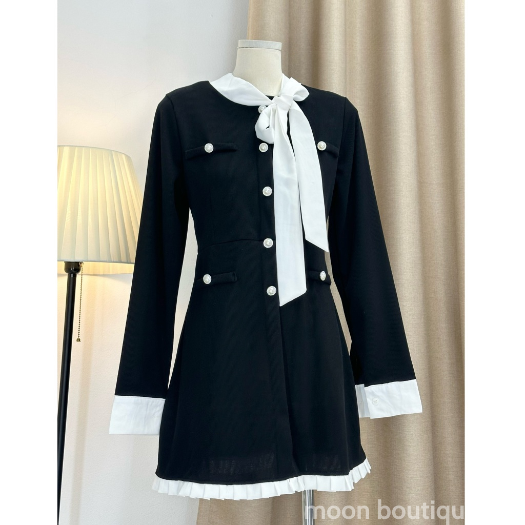 Váy Nỉ Tăm  Cúc Ngọc Phối Cổ Nơ Viền Bèo Cách Điệu, Váy Thu Đông Sang Chảnh