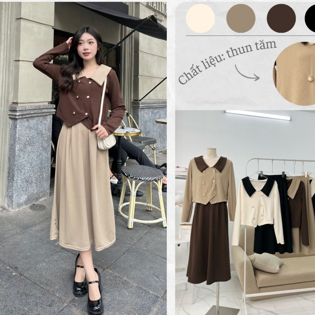 Set Áo Thun Tăm Cổ Sơ Mi Phối  2 Hàng Cúc Ngọc+ Chân Váy Dáng Dài , Set Đồ Tiểu Thư Sang Chảnh
